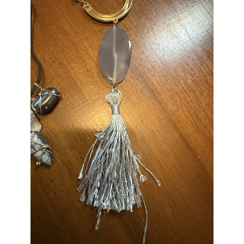 Boho Necklace Set Gray Tassel Wire Wrapped Stone Pendant Layered Jewelry Duo